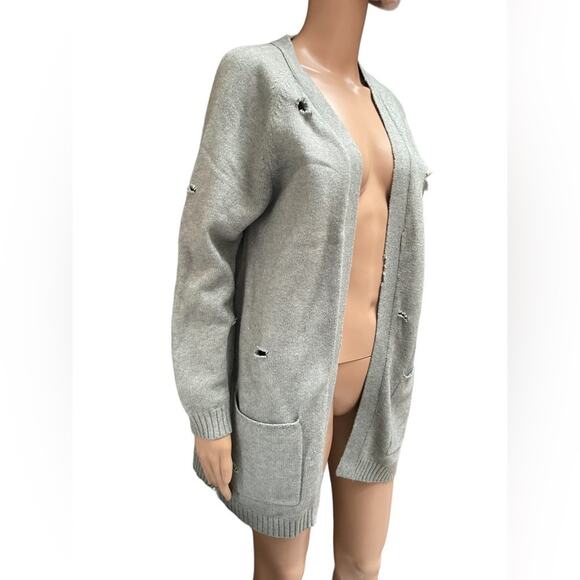 Zara Sweater Cardigan Girls 13-14 Outdoor Distressed Knitted Open Front Gray - Picture 2 of 12